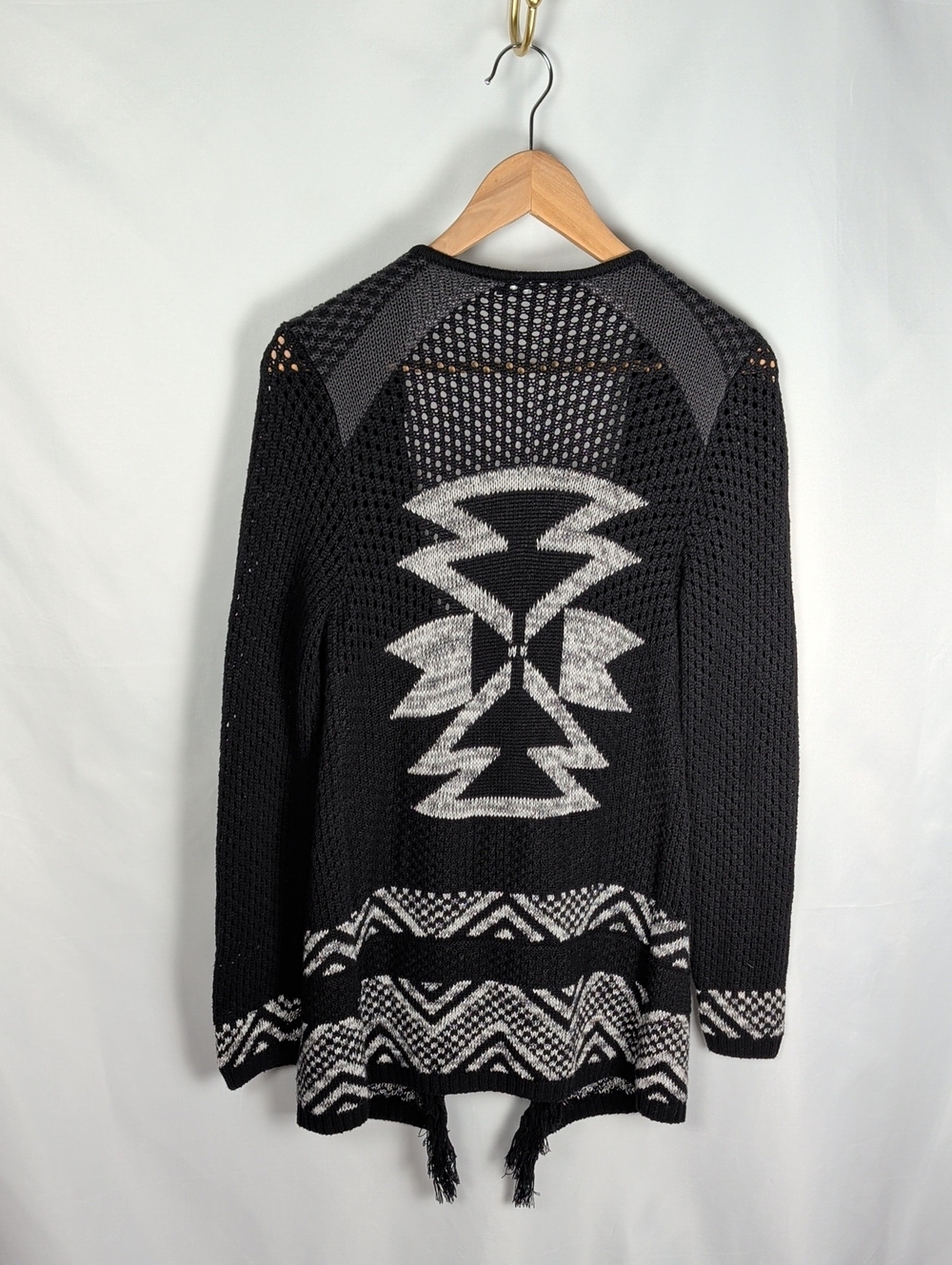 ONLY Aztec Geometric Fringe Cardigan Sweater Black Gray Open Front Boho Size S